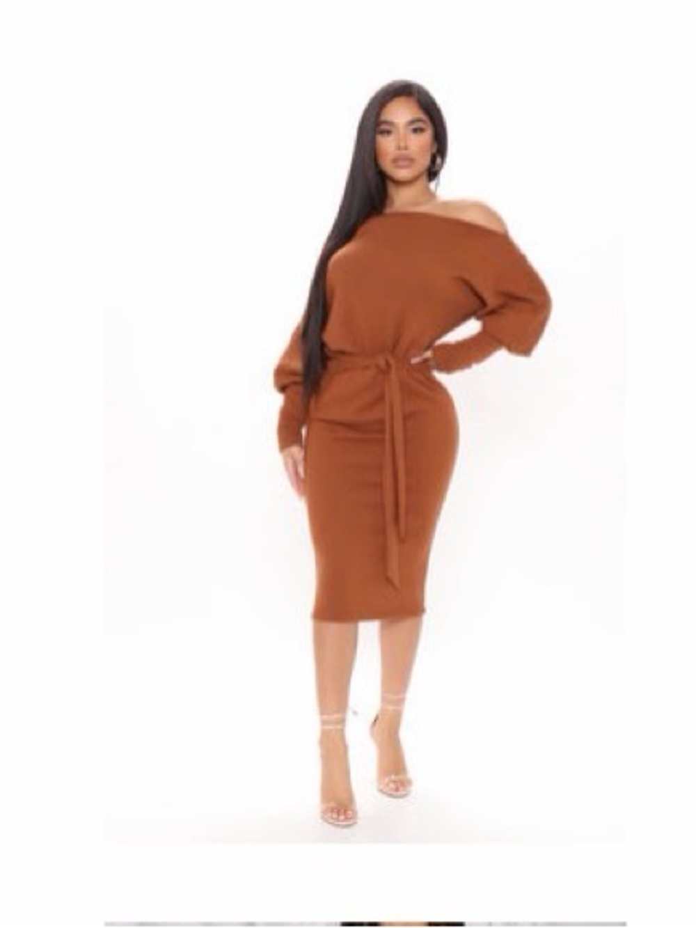 Fashion Nova Ribbed Midi Dress in Camel Brown with Belt